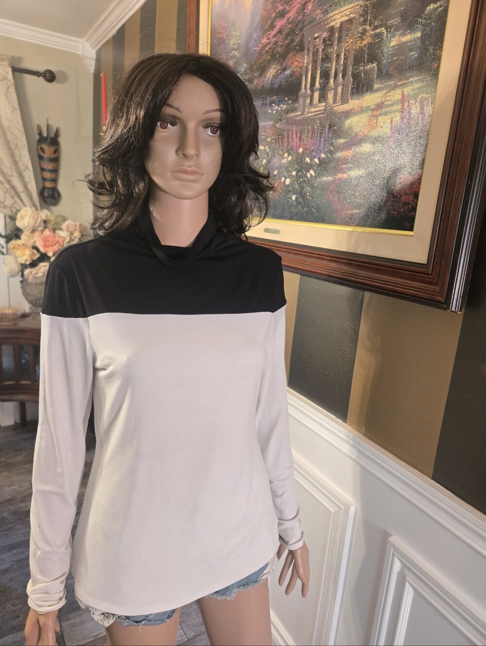 Calvin Klein Black and White Long-Sleeve Colorblock Top